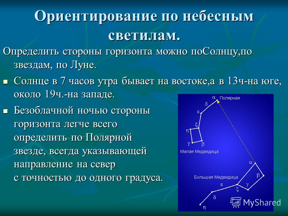 Которого определены одной из сторон. Ориентирование по небесным светилам. Ориентация по небесным светилам. Ориентирование по звездам Полярная звезда. Как ориентироваться по небесным светилам.