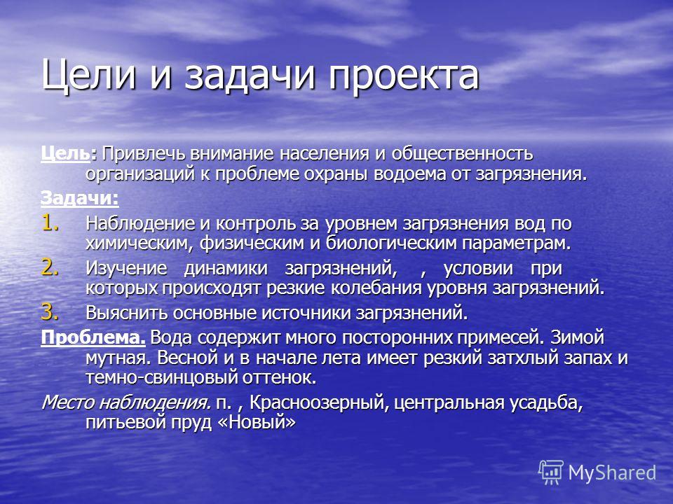 Решение проблемы проекта. Загрязнение воды цели и задачи.