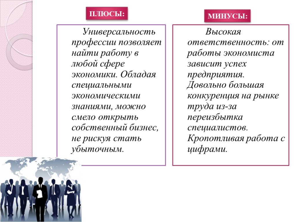 Плюсы ответственности. Плюсы и минусы профессии экономиста. Плюсы и минусы экономиста. Минусы профессии экономист. Универсальность профессии.