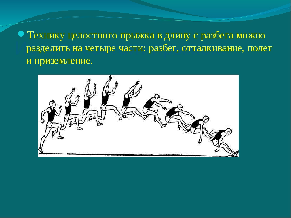 Прыжок в длину фаза отталкивания. Техника выполнения прыжка с разбега. Фазы прыжка в длину с разбега.